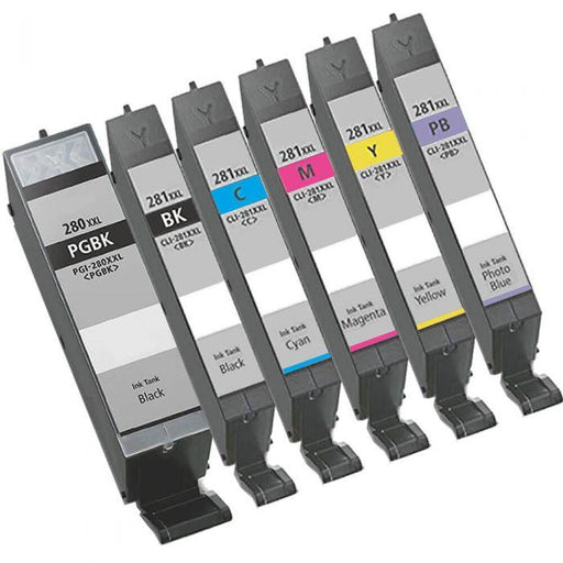 Compatible Canon 280 281 Ink Cartridges 6-Pack - Super High Yield: 1 PGI-280XXL Black and 1 CLI-281XXL Black, 1 Cyan, 1 Magenta, 1 Yellow, 1 Photo Blue - Overstock Ink