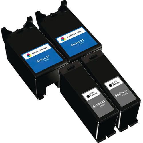 Compatible Dell Printer Ink Series 21 Cartridges 4-Pack: 2 Y498D Black, 2 Y499D Color