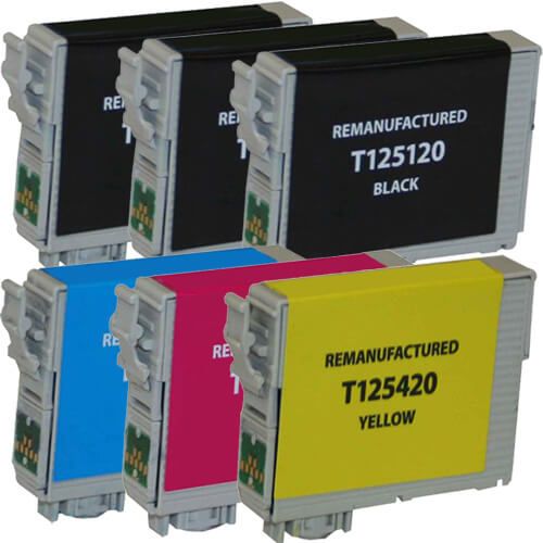Remanufactured Epson 125 Ink Cartridge Combo Pack of 6 - T125: 3 Black, 1 Cyan, 1 Magenta, 1 Yellow