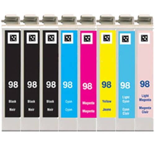 Remanufactured Epson T098 Ink Cartridges 8-Pack - Epson 98 - High Capacity: 3 Black, 1 Cyan, 1 Magenta, 1 Yellow, 1 Light Cyan, 1 Light Magenta