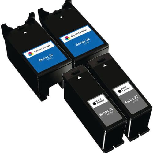Compatible Dell Printer Ink Series 22 Cartridges Combo Pack of 4 - High Yield: 2 T091N Black and 2 T092N Color
