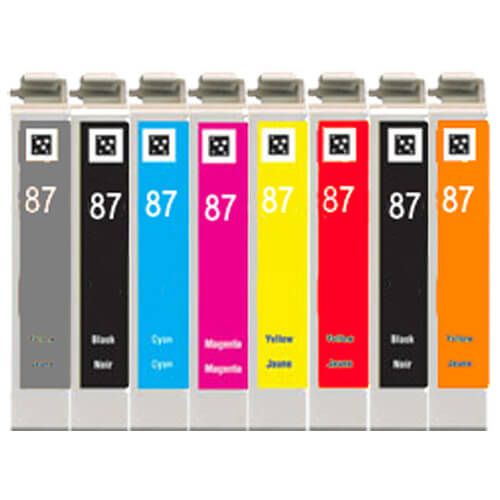 Remanufactured Epson 87 Ink Cartridges Combo Pack of 8 - T087: 1 Gloss Optimizer, 1 Photo Black, 1 Cyan, 1 Magenta, 1 Yellow, 1 Red, 1 Matte Black, 1 Orange