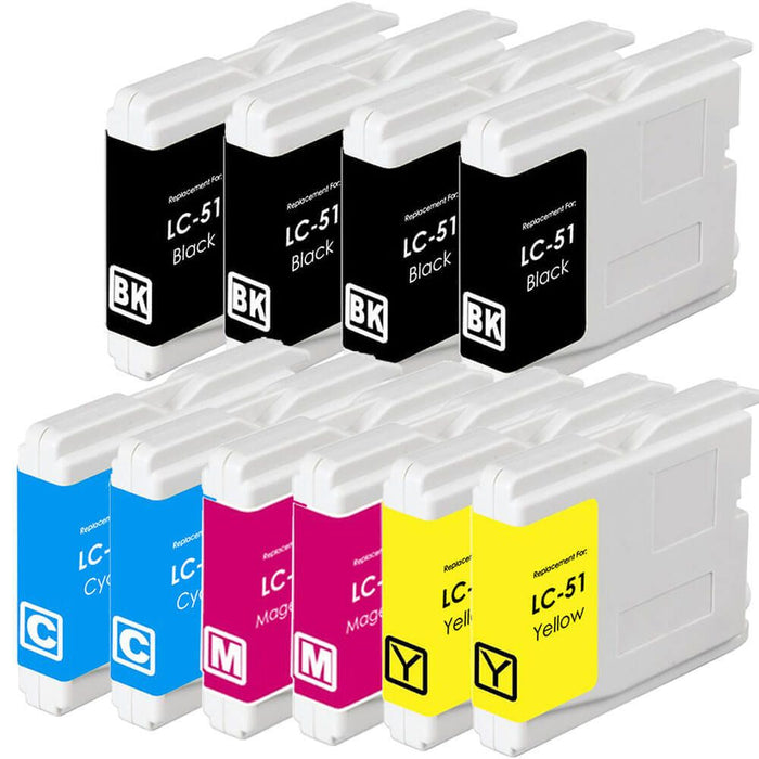 Compatible Brother LC51 Printer Ink Cartridges - 10-Pack: 4 Black, 2 Cyan, 2 Magenta, 2 Yellow