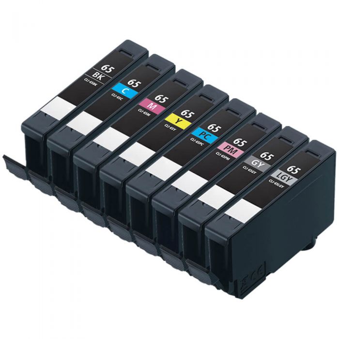 Compatible Canon CLI-65 Ink Cartridges 8-Pack: 1 Black, 1 Cyan, 1 Magenta, 1 Yellow, 1 Photo Cyan, 1 Photo Magenta, 1 Gray, 1 Light Gray