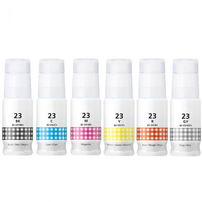Compatible Canon GI-23 Ink Refill Bottles Combo Pack of 6 - High Yield: 1 Black, 1 Cyan, 1 Magenta, 1 Yellow, 1 Red, 1 Gray