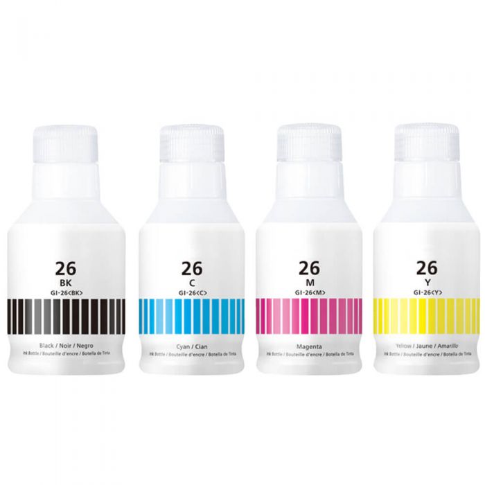 Compatible Canon GI-26 Ink Refill Bottles 4-Pack - High Yield: 1 Black, 1 Cyan, 1 Magenta, 1 Yellow