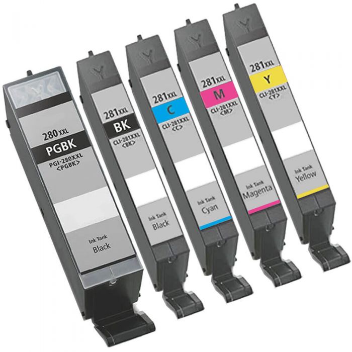 Compatible Canon Ink Cartridges 280 281 XXL 5-Pack - Super High Yield: 1 PGI-280XXL Black and 1 CLI-281XXL Black, 1 Cyan, 1 Magenta, 1 Yellow