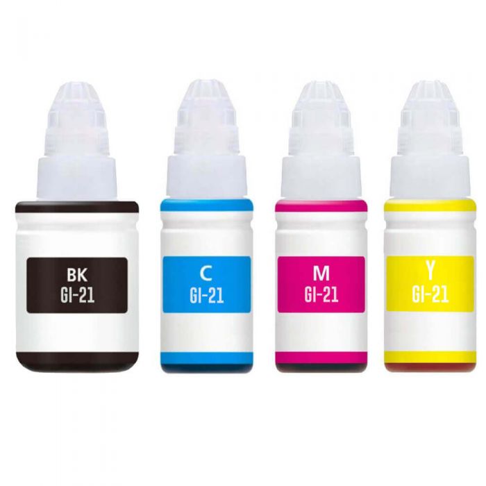 Compatible Canon GI-21 Ink Bottles 4-Pack: 1 Black, 1 Cyan, 1 Magenta, and 1 Yellow