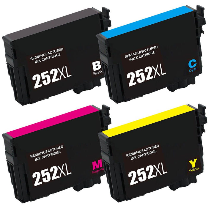 Remanufactured Epson 252XL Ink Cartridge Combo Pack of 4 - High Capacity: 1 Black, 1 Cyan, 1 Magenta, 1 Yellow