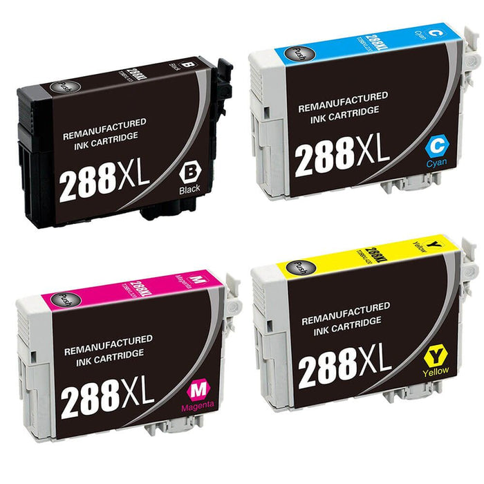 Remanufactured Epson 288XL 4-Pack Ink Cartridges - T288XL - High Capacity: 1 Black, 1 Cyan, 1 Magenta, 1 Yellow