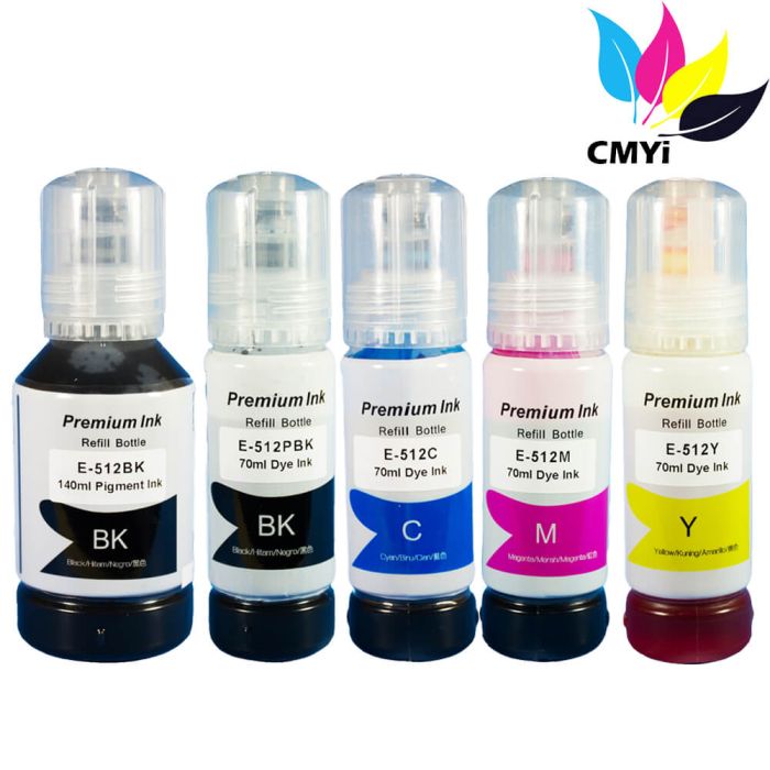 Compatible Epson 512 Ink Bottles 5-Pack - T512 - Ultra High Capacity: 1 Black, 1 Photo Black, 1 Cyan, 1 Magenta, 1 Yellow