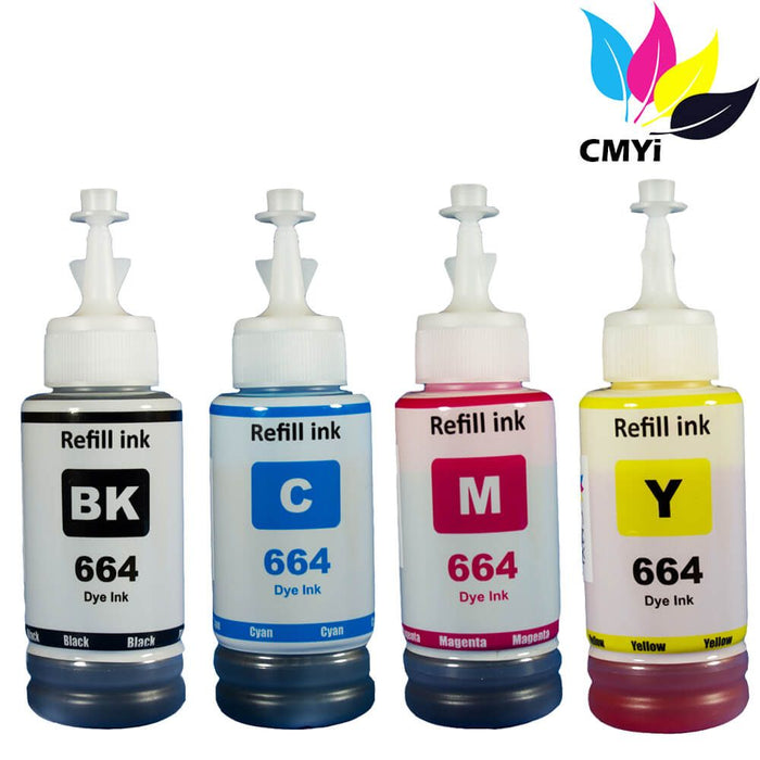 Compatible Epson 664 Ink Refill Bottles 4-Pack - Ultra High Yield: 1 Black, 1 Cyan, 1 Magenta, 1 Yellow