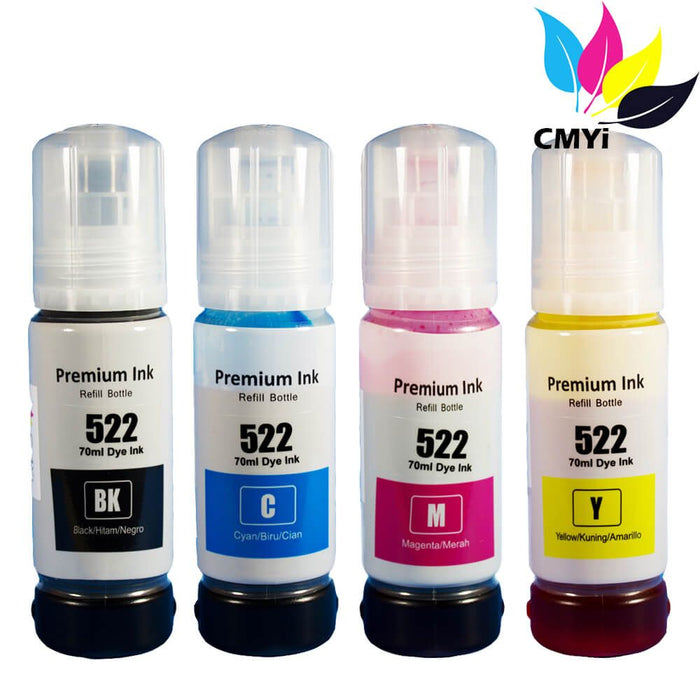 Compatible Epson Ink 522 Bottles 4-Pack - Ultra High Yield: 1 Black, 1 Cyan, 1 Magenta, 1 Yellow