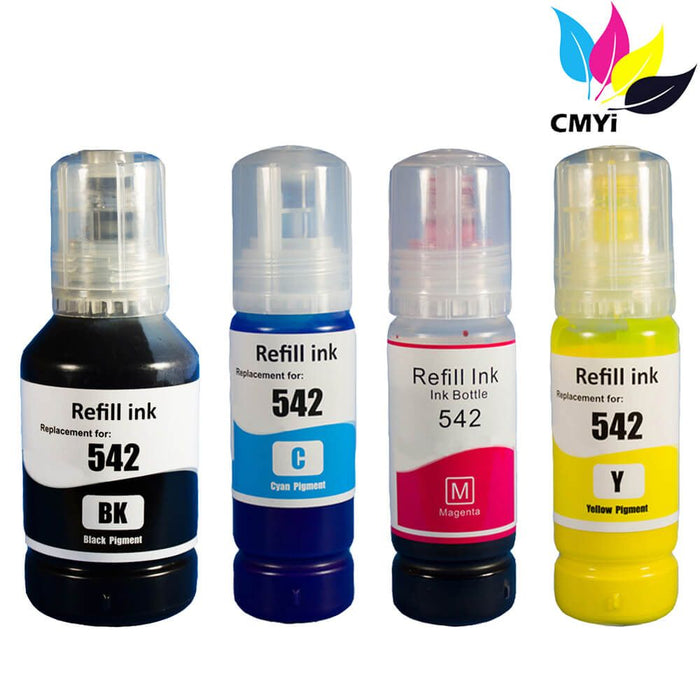 Compatible Epson T542 Ink Bottles 4-Pack - Ultra High Capacity: 1 Black, 1 Cyan, 1 Magenta, 1 Yellow