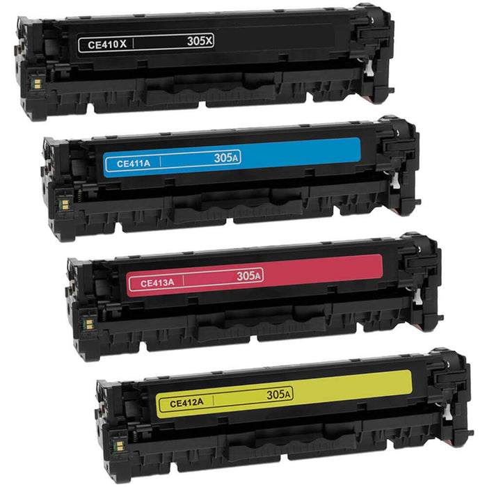 Replacement HP 305X Toner & HP 305A Toner Cartridges 4-Pack - 1 x 305X Black High Yield and 1 x 305A Cyan, 1 Magenta, 1 Yellow