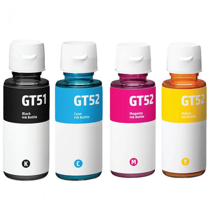 Compatible HP GT51 Ink Bottle and HP GT52 Ink Bottles 4-Pack: 1 GT51 Black, and 1 GT52 Cyan, 1 Magenta, 1 Yellow