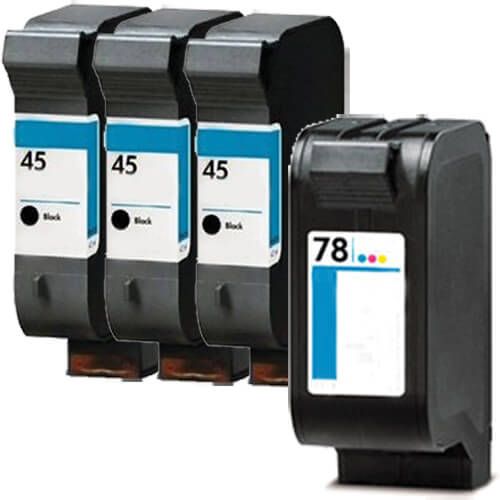 Replacement HP Ink 78 and 45 Cartridges 4-Pack: 3 HP 45 Black, 1 HP 78 Tricolor